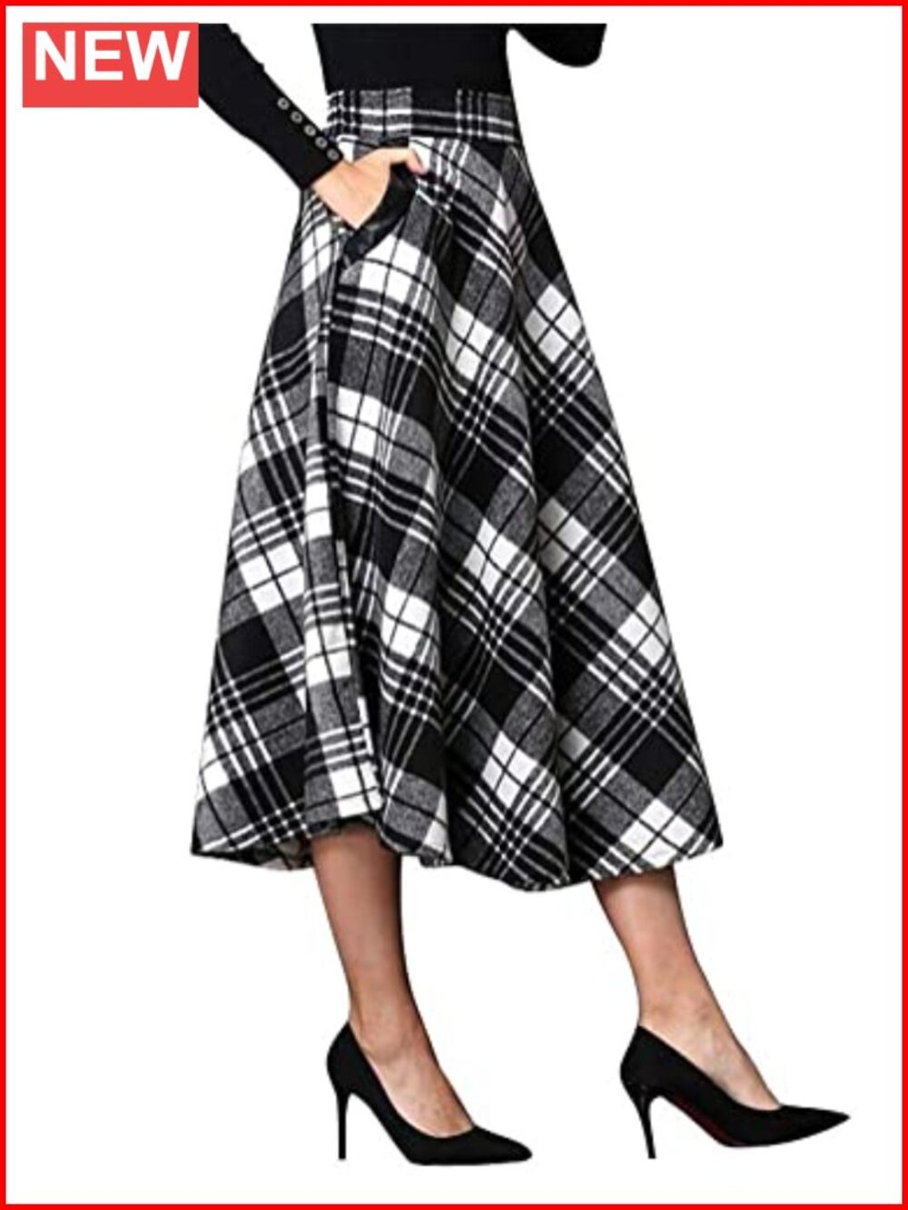 Womens Plaid Wool Blend A-Line Pleated Midi Skirt Elastic Waist
